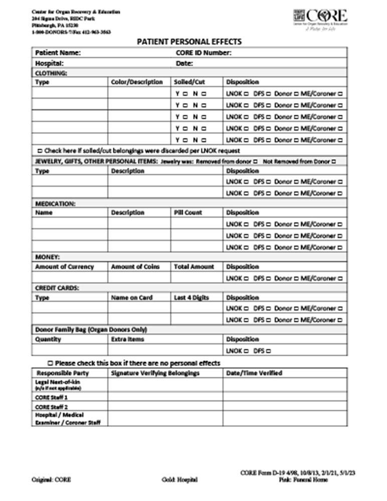 Show details for D-19 Patient Personal Effect NCR Form
